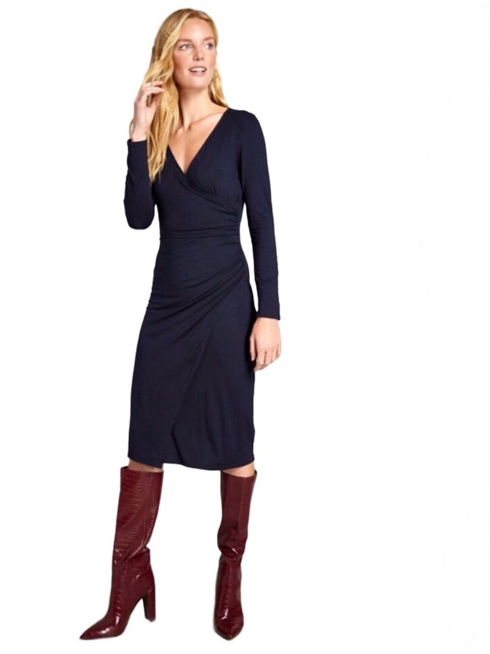 ModCloth Navy Blue Knit On The Town Faux Wrap Midi Dress Large Fall Office Work
